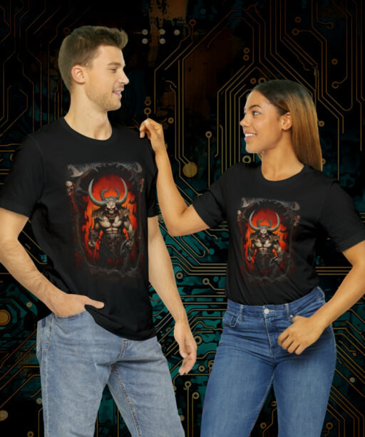 Couple wearing the Abyssal Awakening Diablo 4 Inspired Shirt